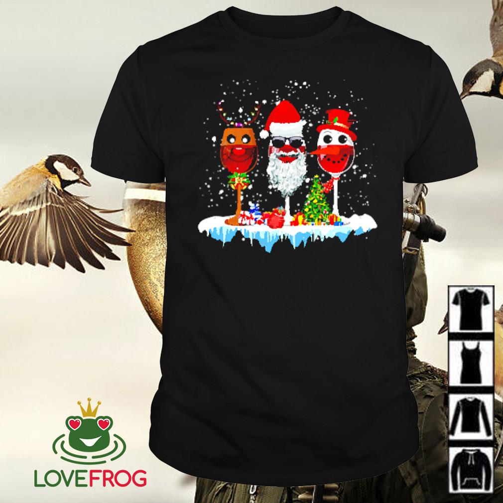 Funny Three glass of red wine Santa hat Christmas shirt